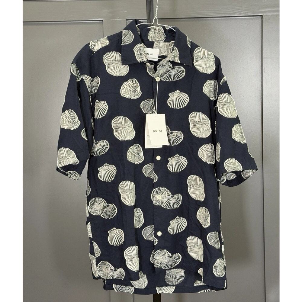 NN.07 Freddy SS No PKT Shell Print Navy Blue Cotton SS Shirt M, $230 MSRP
